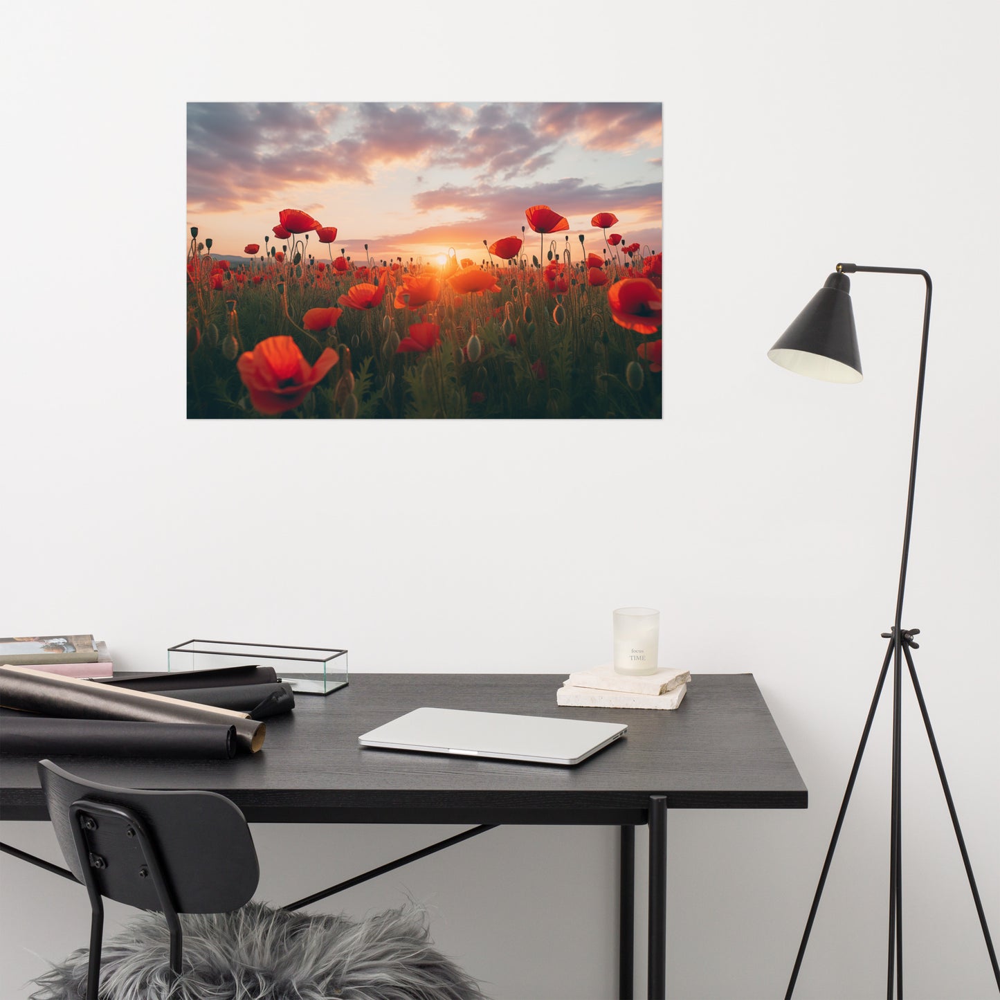 Artwork of Poppies: A Field of Memories Poppy Sunset Photorealism - Digital Artwork Loose Art Print