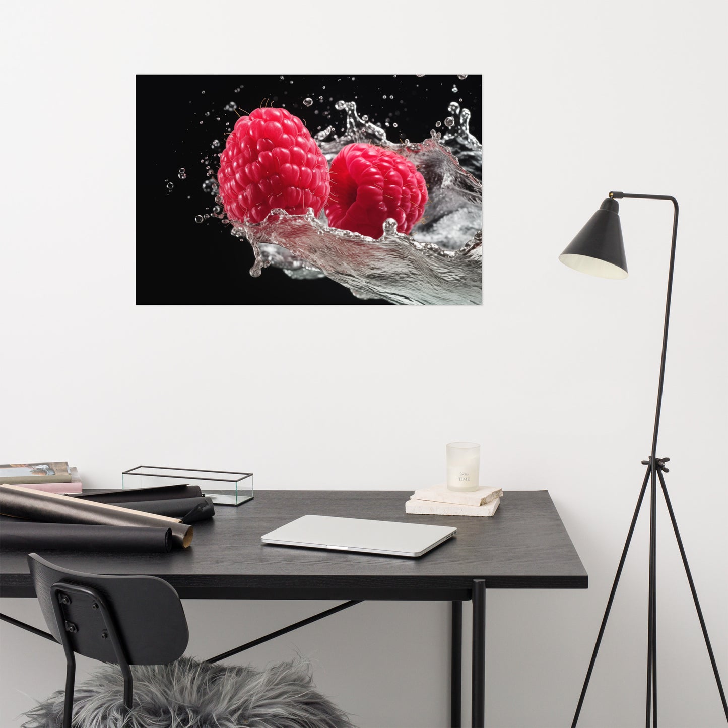 Burst of Freshness Raspberries in Water Photorealism Painting - Digital Artwork Loose Art Print