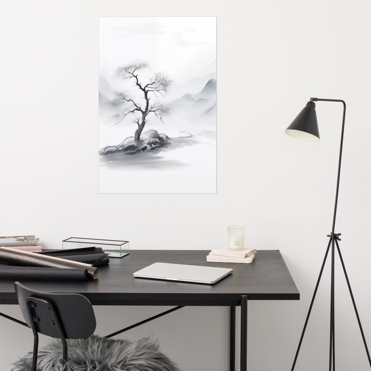 Tree Art: Cliffside Sentinel Ink Painting - Digital Artwork Loose Print