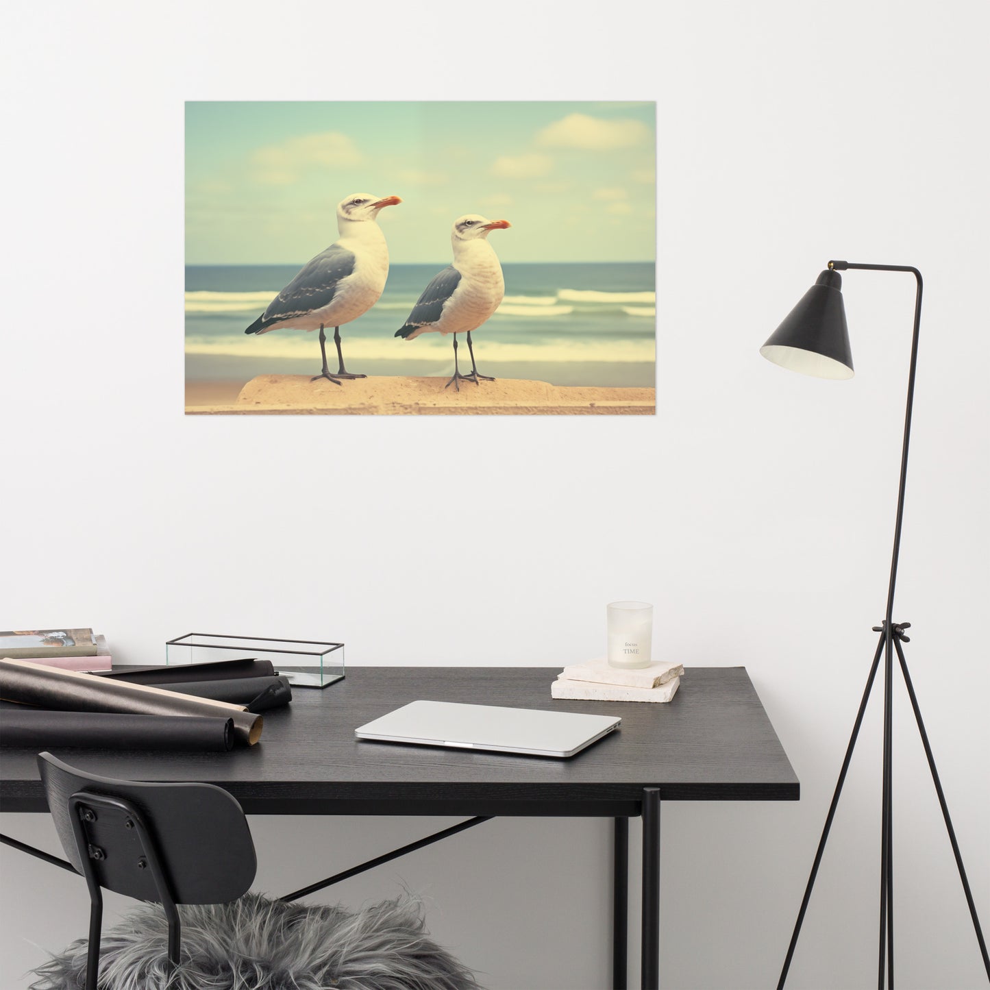 Bird Artwork Prints: Coastal Companions Vintage Retro Subdued Seagulls Photorealism - Digital Artwork Loose Art Print