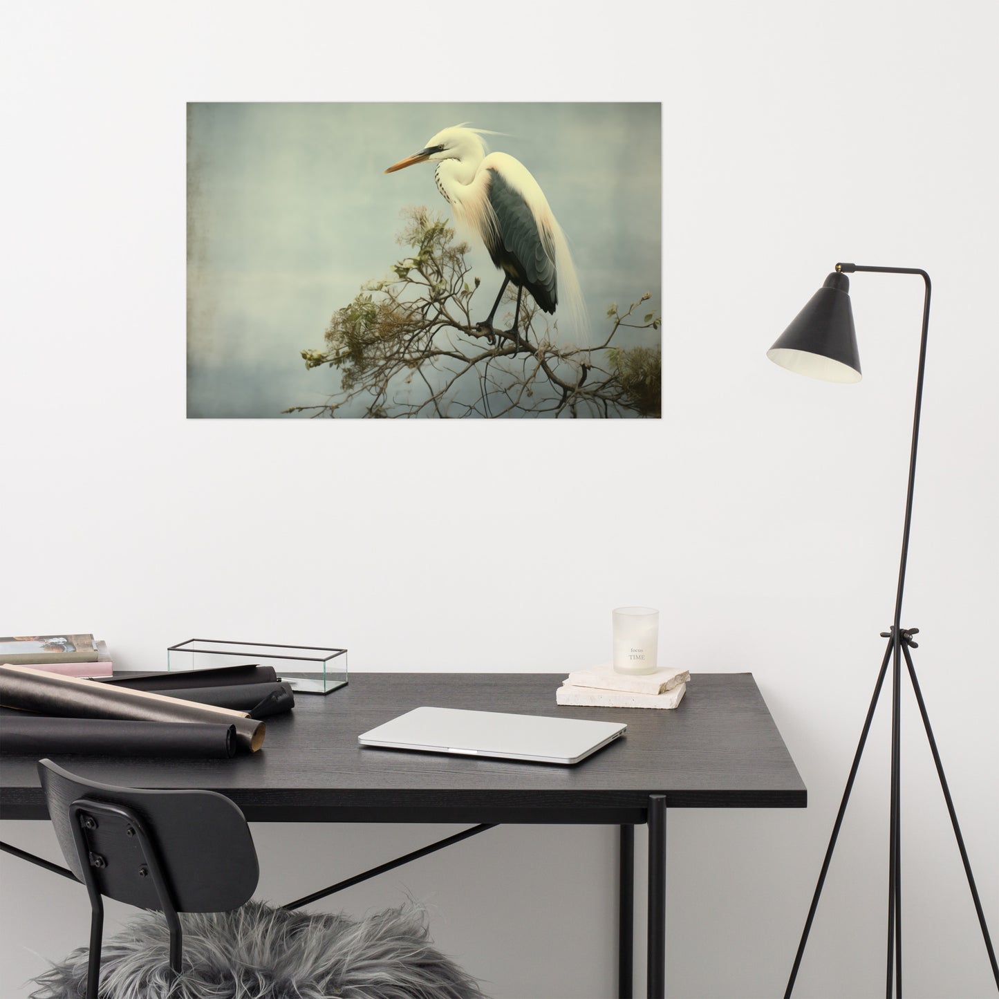 Heron Print: Coastal Solitude Egret Retro Subdued Photorealism - Digital Artwork Loose Art