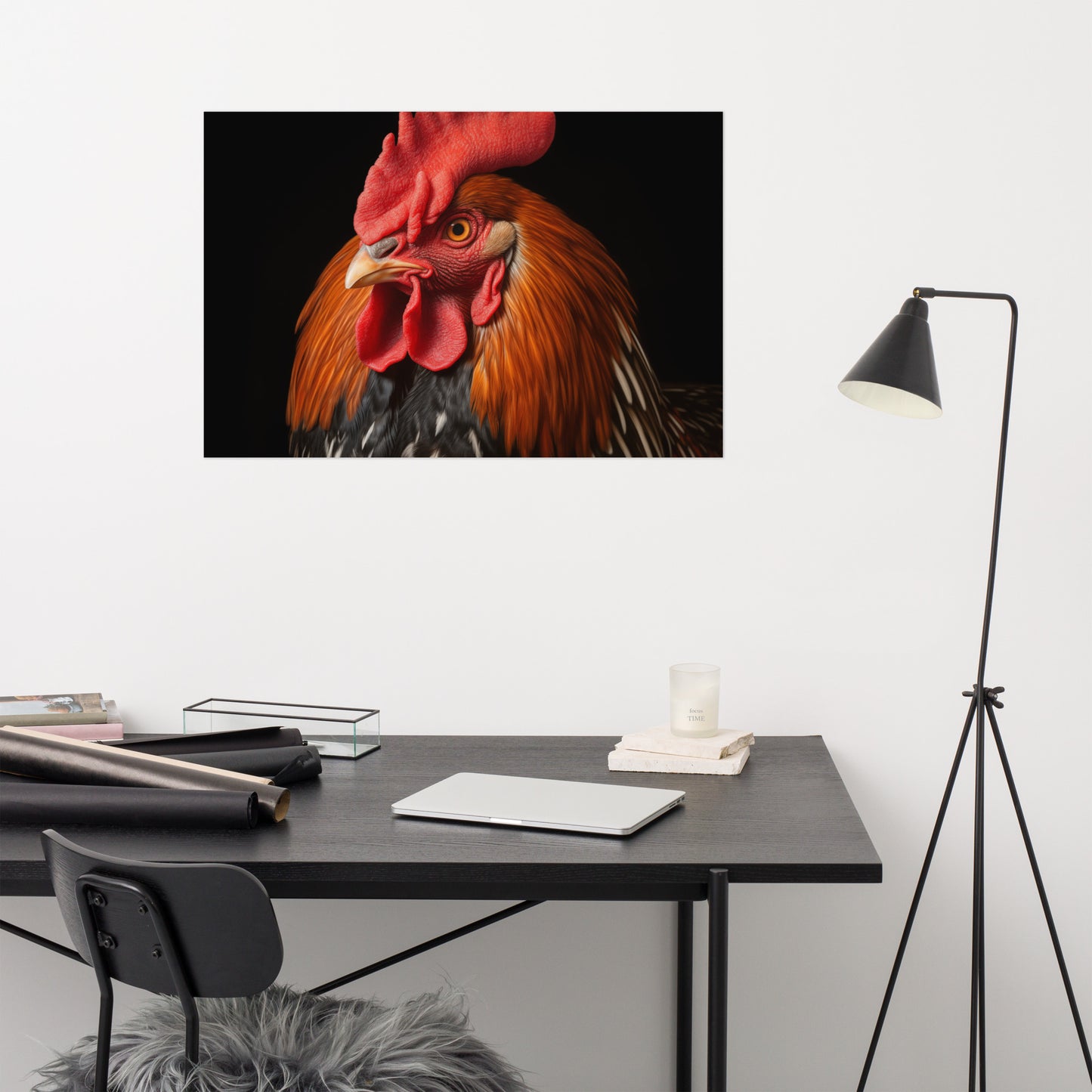 Bird Wall Decor: Crimson Crown Rooster Portrait Photorealism - Digital Artwork Loose Art Print