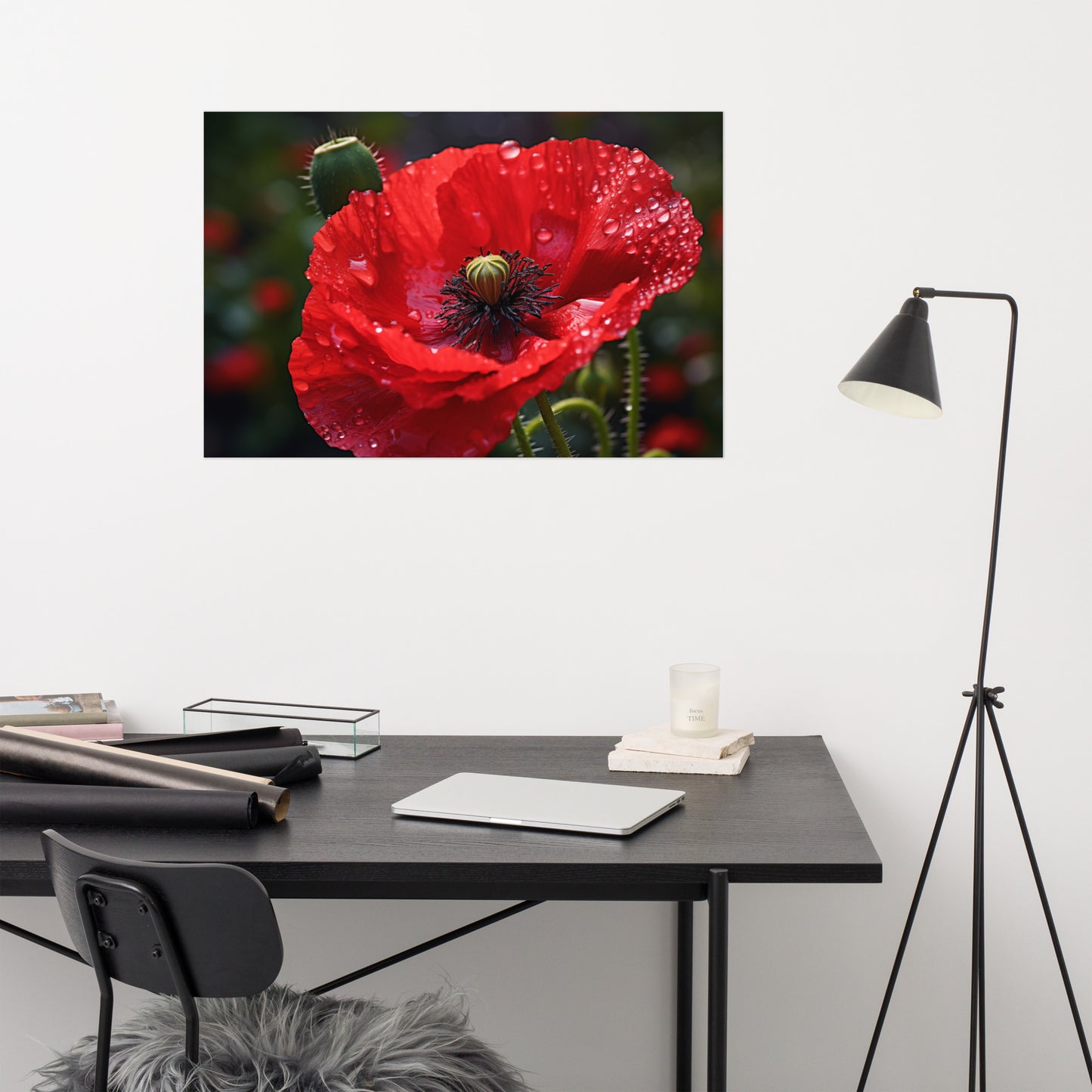 Floral Poster Prints: Crimson Solitude Photorealism - Digital Artwork Loose Art Print