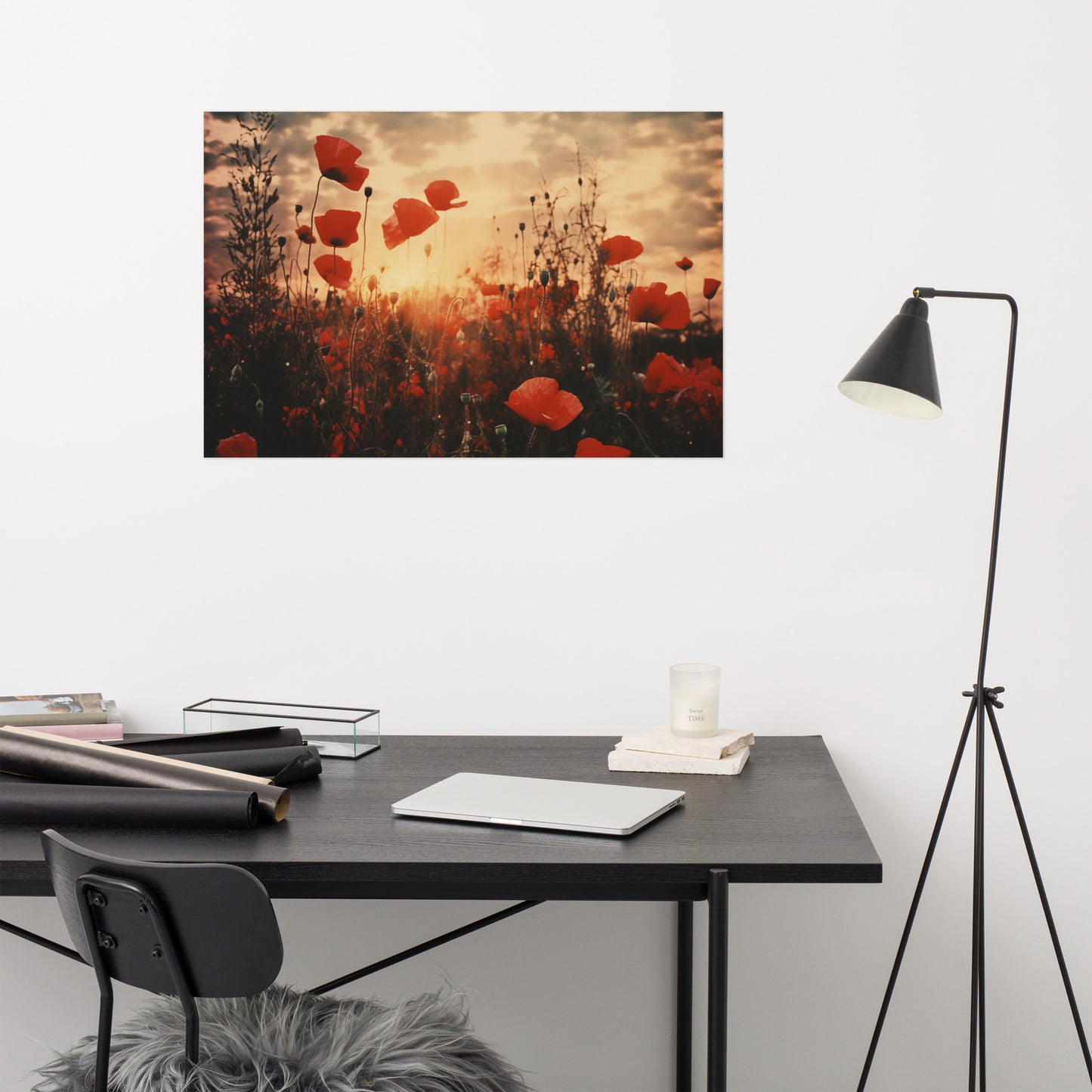 Prints of Flowers for Framing: Crimson Sunset Serenade Poppy Field Retro Subdued - Digital Artwork Loose Art Print