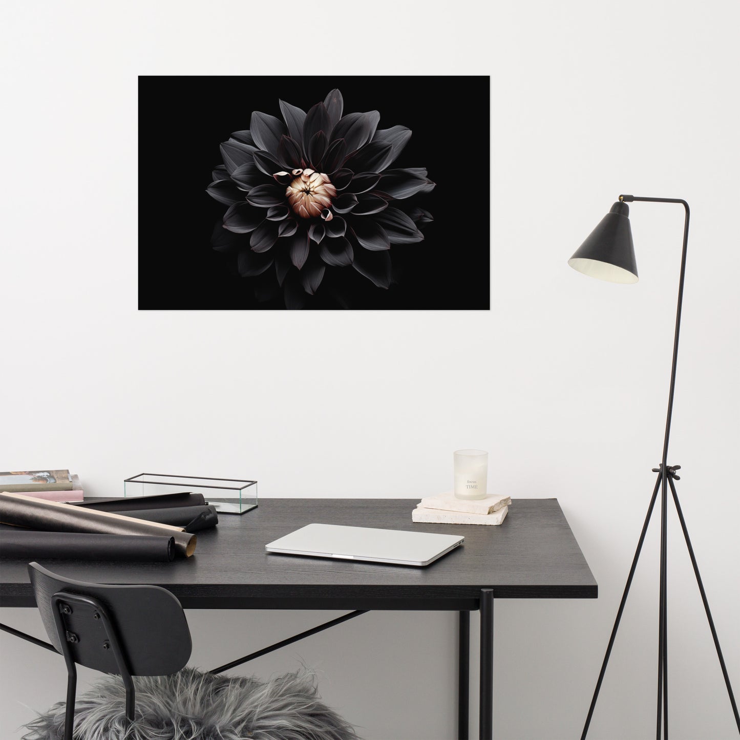 Floral Painting: Dahlia in the Shadows Black Flowers Photorealism - Digital Artwork Loose Art Print