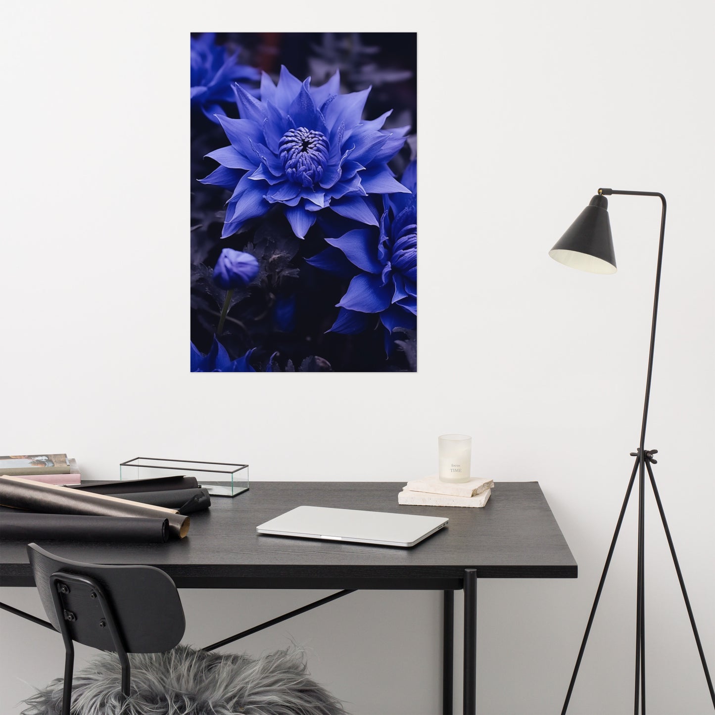 Blue Flower Painting: Dahlia Majesty Photorealism - Digital Artwork Loose Art Print