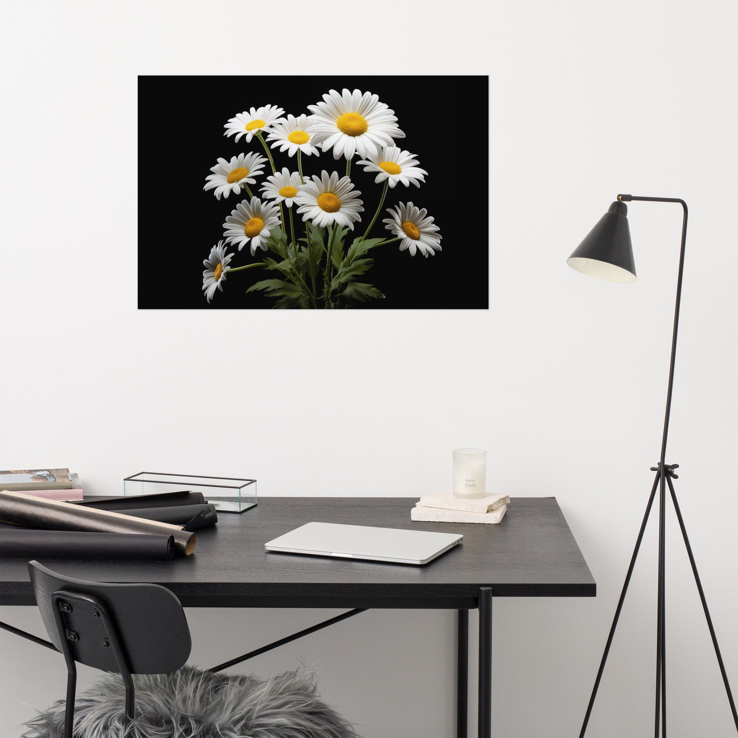 Flower Poster Painting: Daisies on Black Photorealism - Digital Artwork Loose Art Print