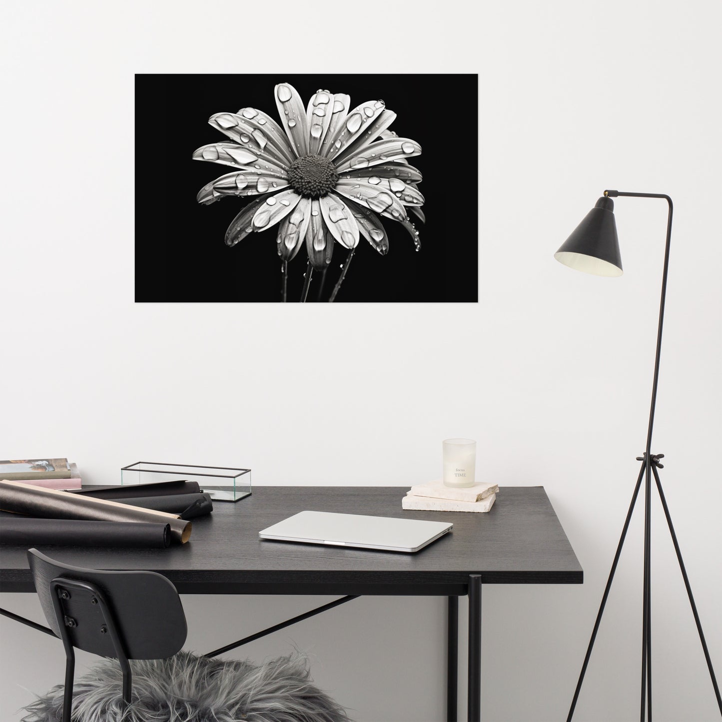 Still Art Flowers: Dark Bloom Daisy Photorealism - Digital Artwork Loose Art Print