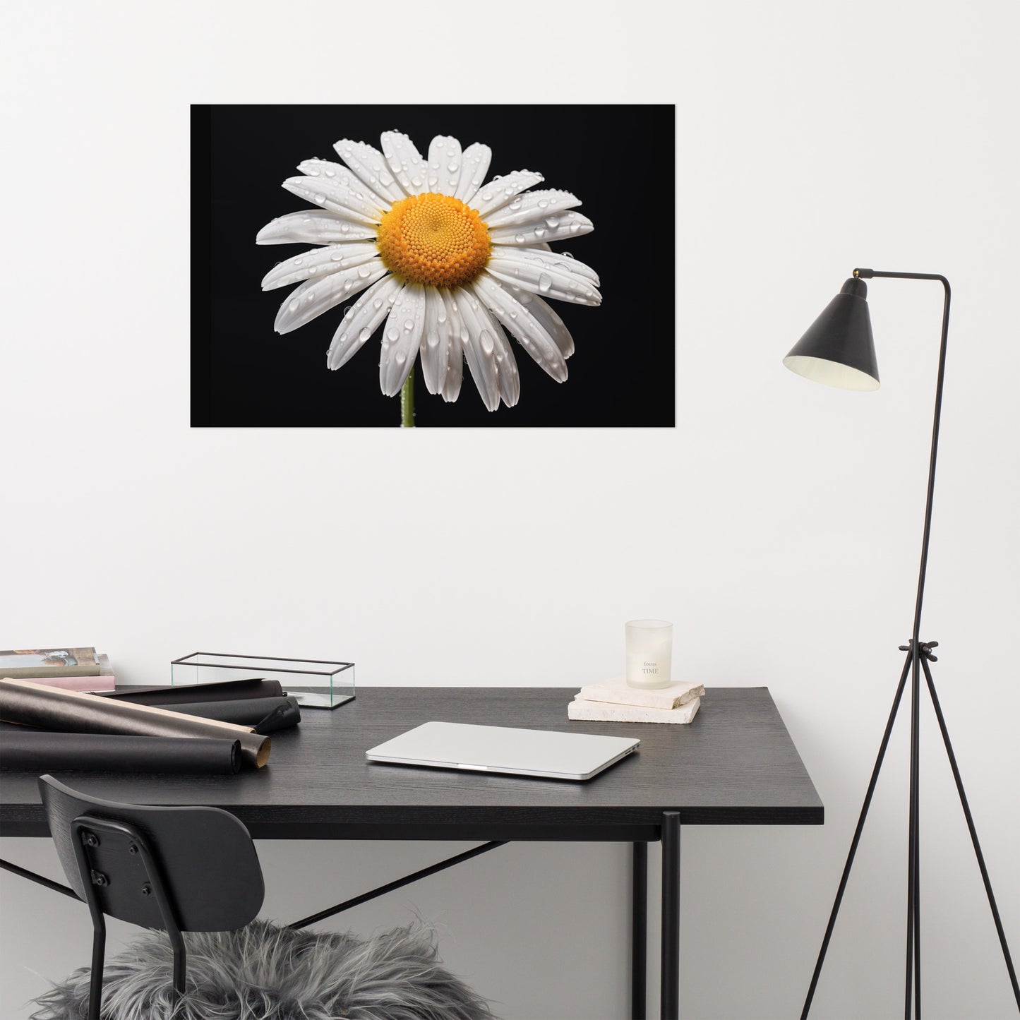 White Flower Black Background Painting: Dew-kissed Daisy Floral Photorealism - Digital Artwork Loose Art Print