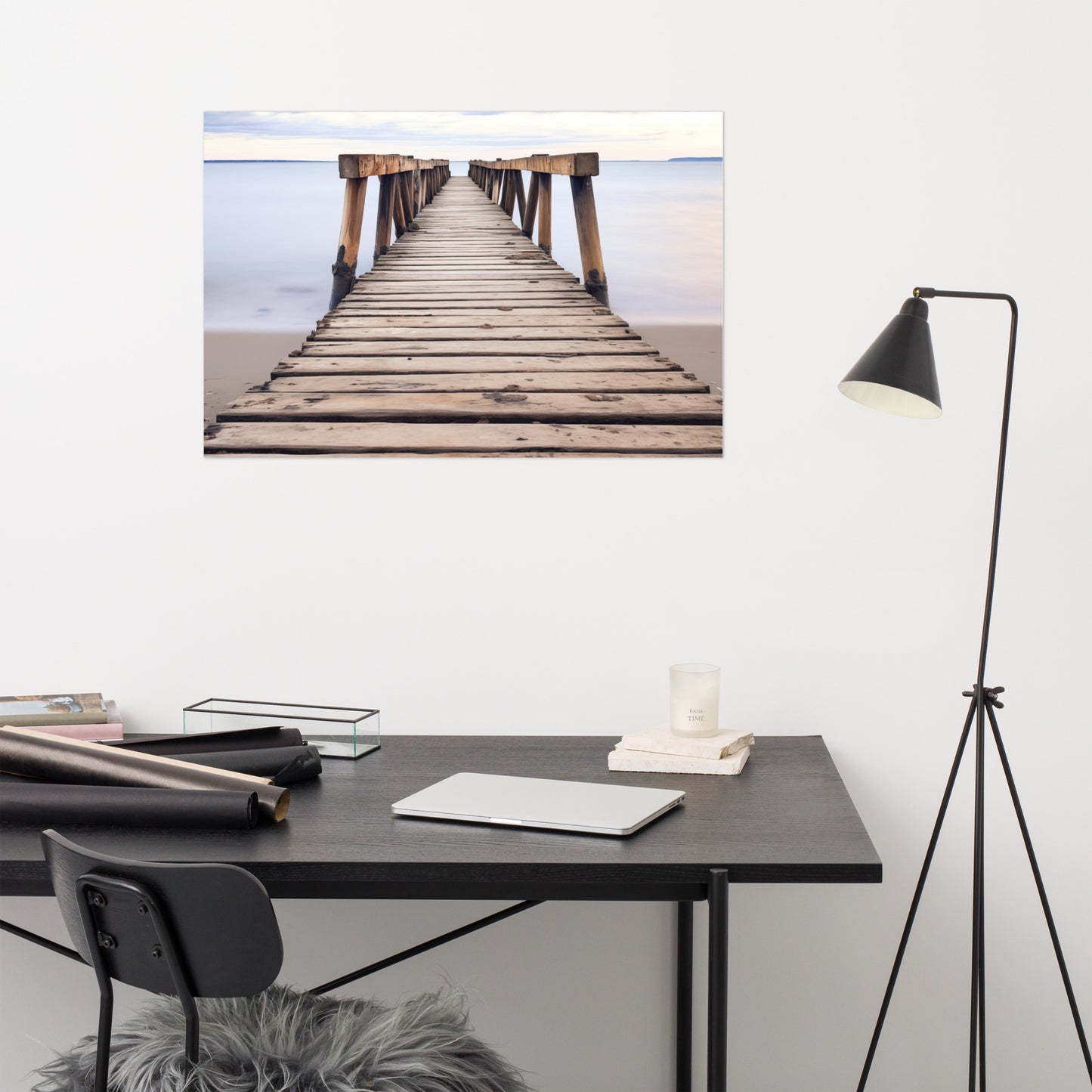 Beach and Coastal Wall Art: Echoes of the Sea Abandoned Weathered Pier Beach Subdued Photorealism - Digital Artwork Loose Art Print