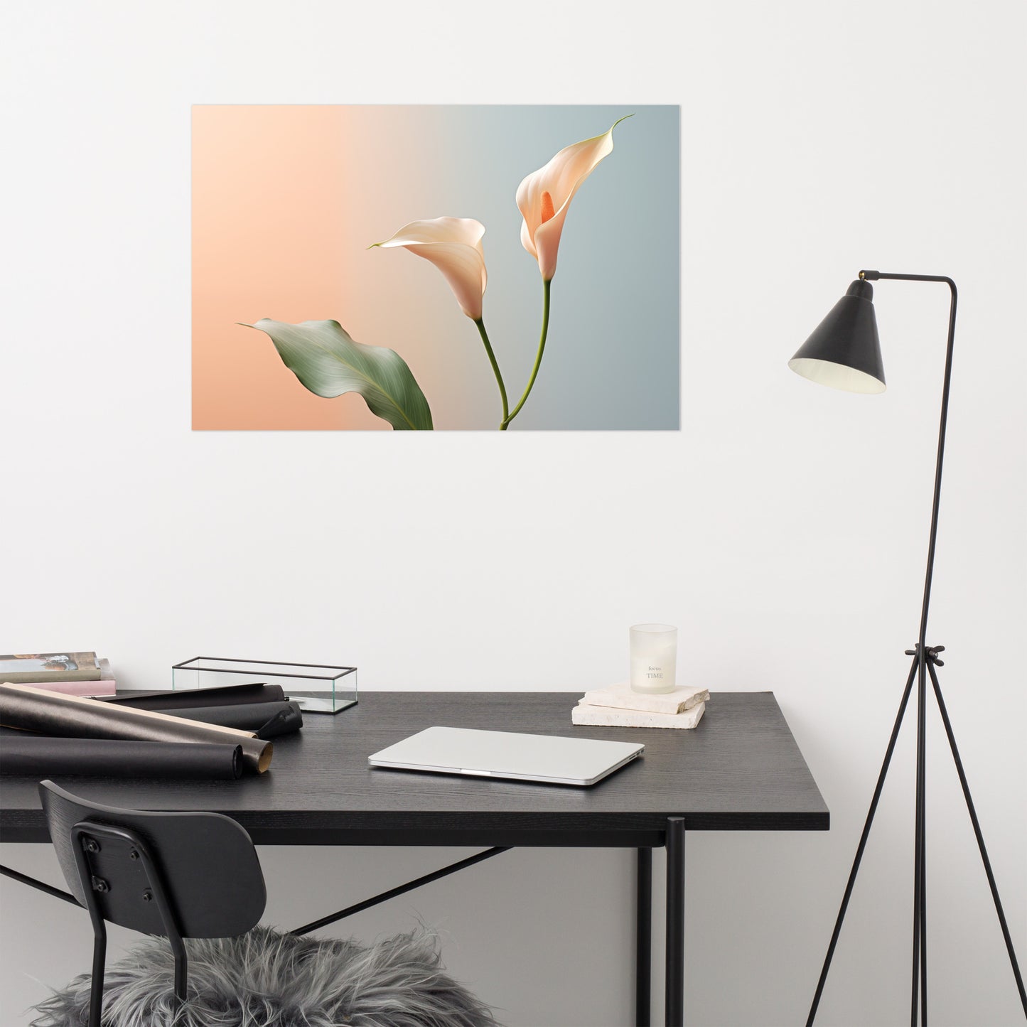 Coral Floral Wall Art: Elegant Embrace Calla Lily Minimal Photorealism - Digital Artwork Loose Art Print