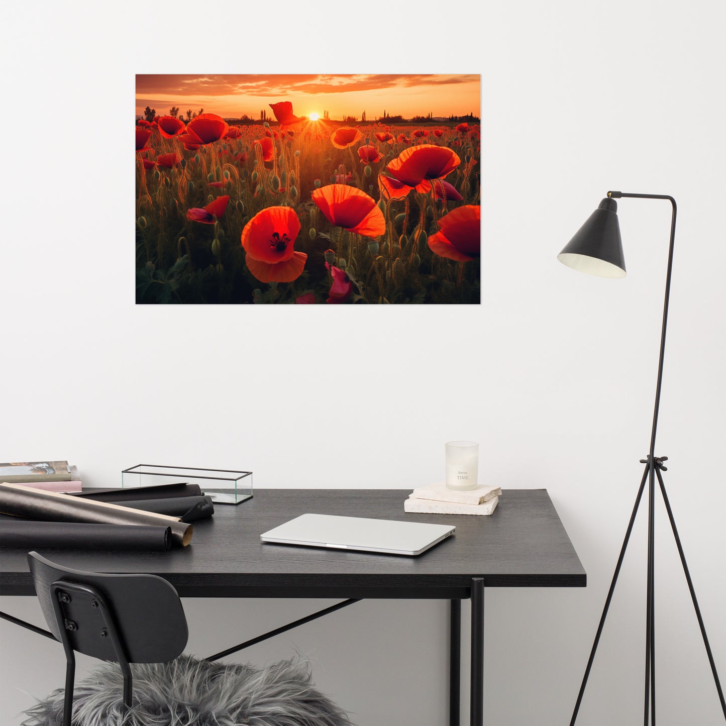 Field of Dreams Poppy Field Sunset Photorealism - Digital Artwork Loose Art Print