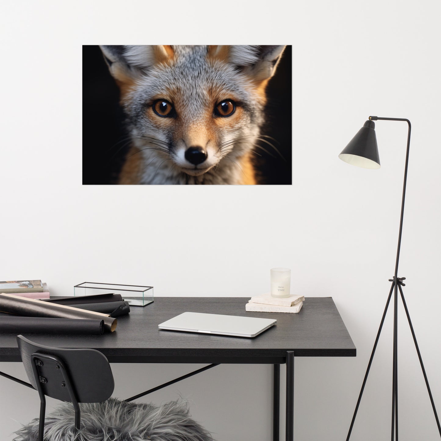 Foxfire Gaze Gray Fox Photorealism - Digital Artwork Loose Art Print