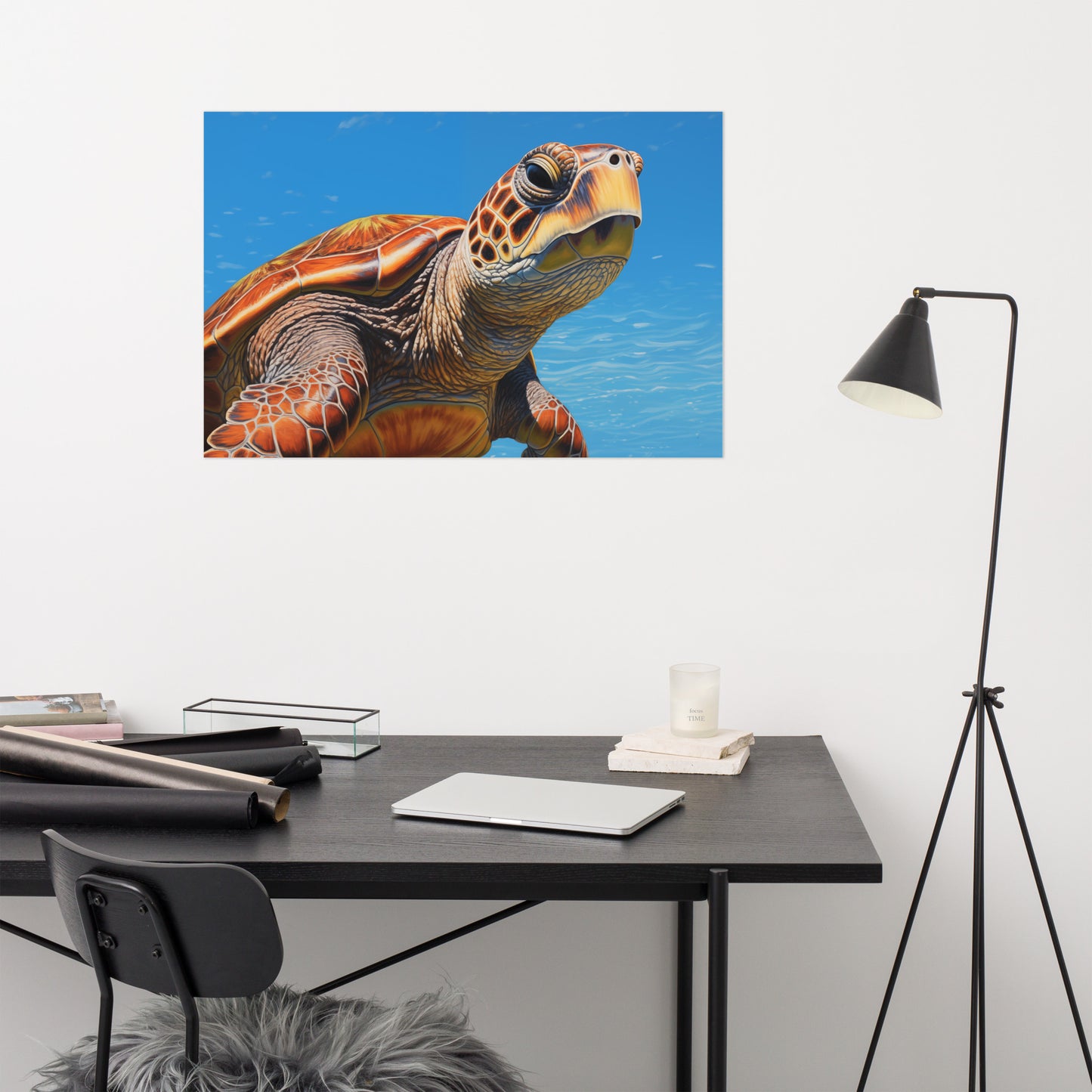 Journey Through the Blue Sea Turtle Coastal Photorealism - Digital Artwork Loose Art Print