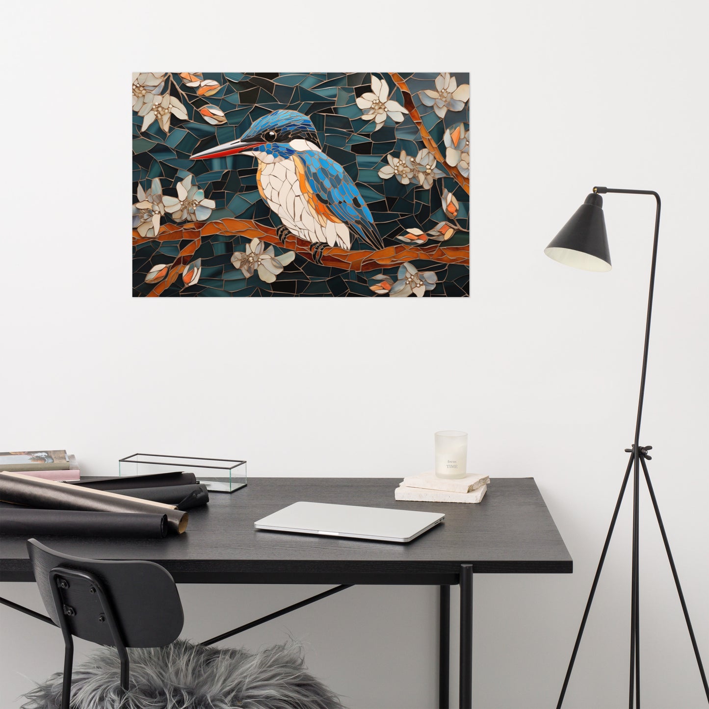 Kingfisher Among Blossoms Mosaic Illustration - Digital Artwork Loose Art Print