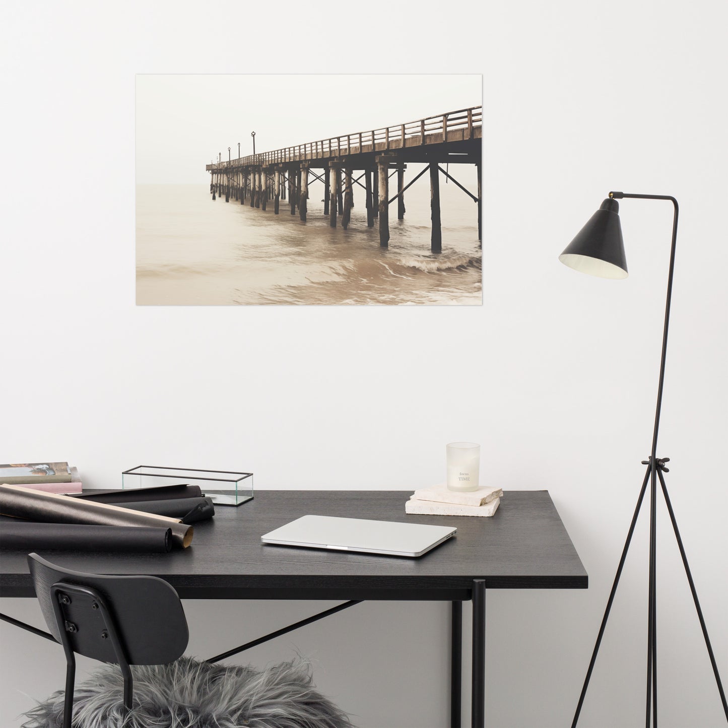 The Pier in the Fog Subdued Retro Coastal Photorealism - Digital Artwork Loose Art Print