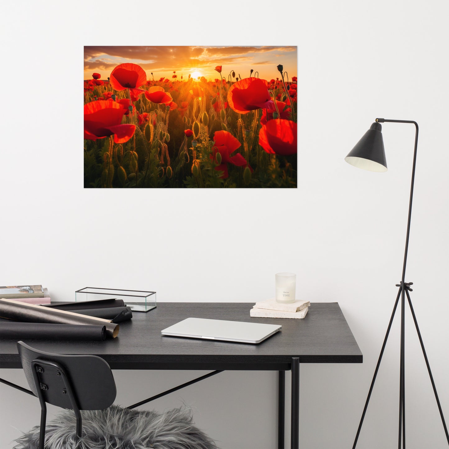 Nature's Crimson Canvas Poppy Field Sunset Photorealism - Digital Artwork Loose Art Print