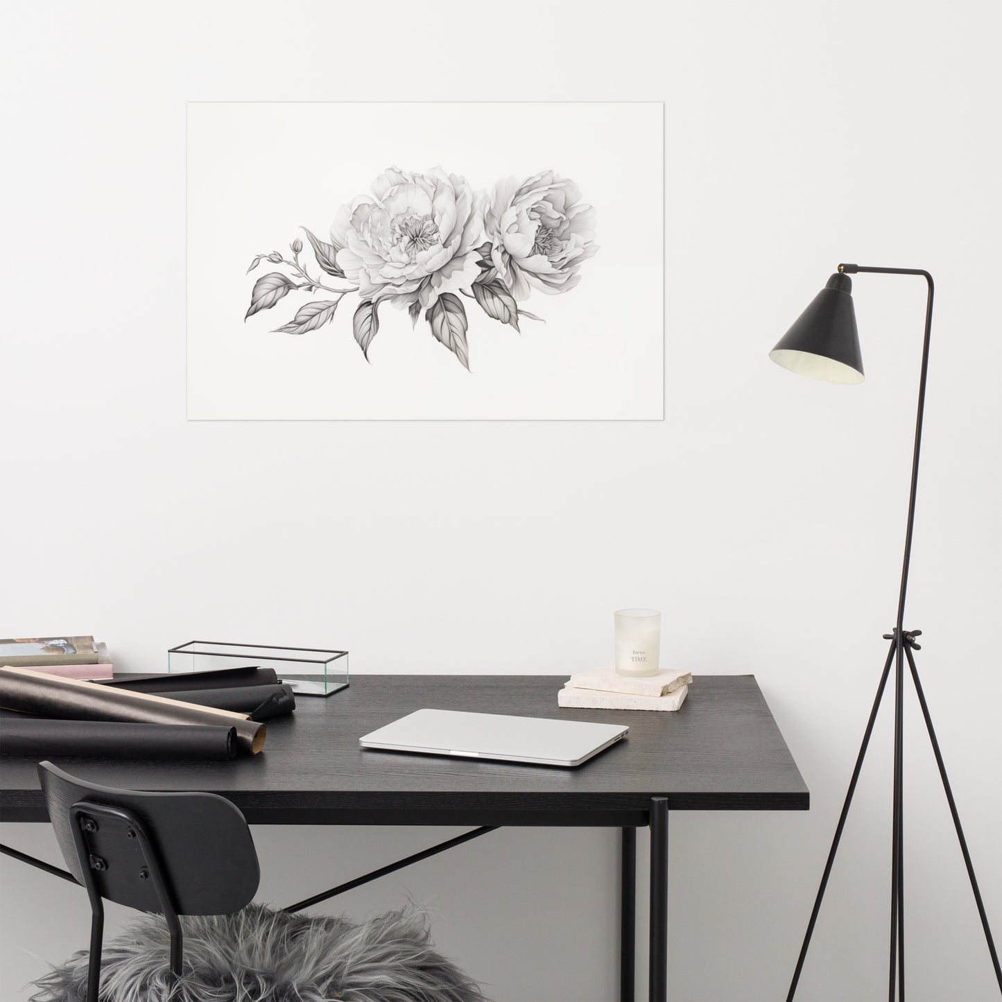 Monochromatic Bloom Pencil Sketch - Digital Artwork Loose Art Print