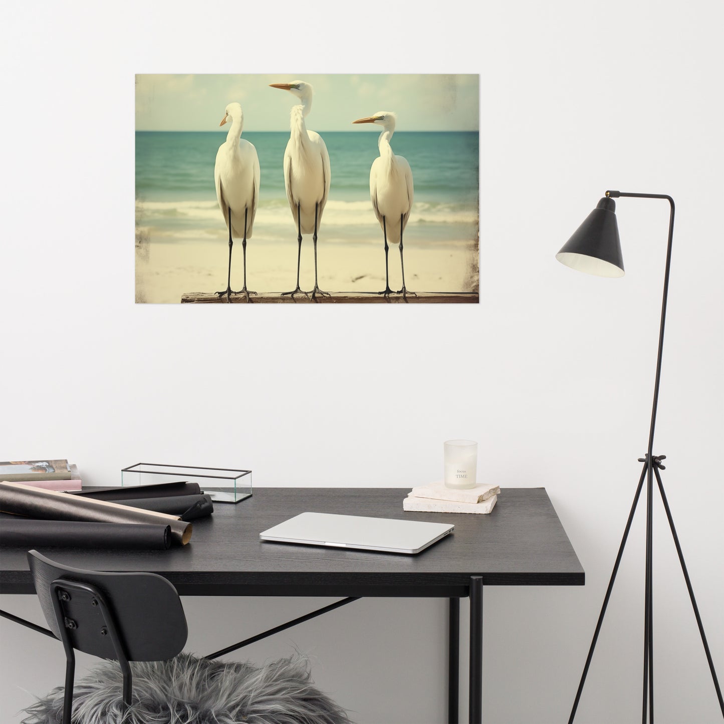 Nature's Serenity Egret Retro Subdued Photorealism - Digital Artwork Loose Art Print