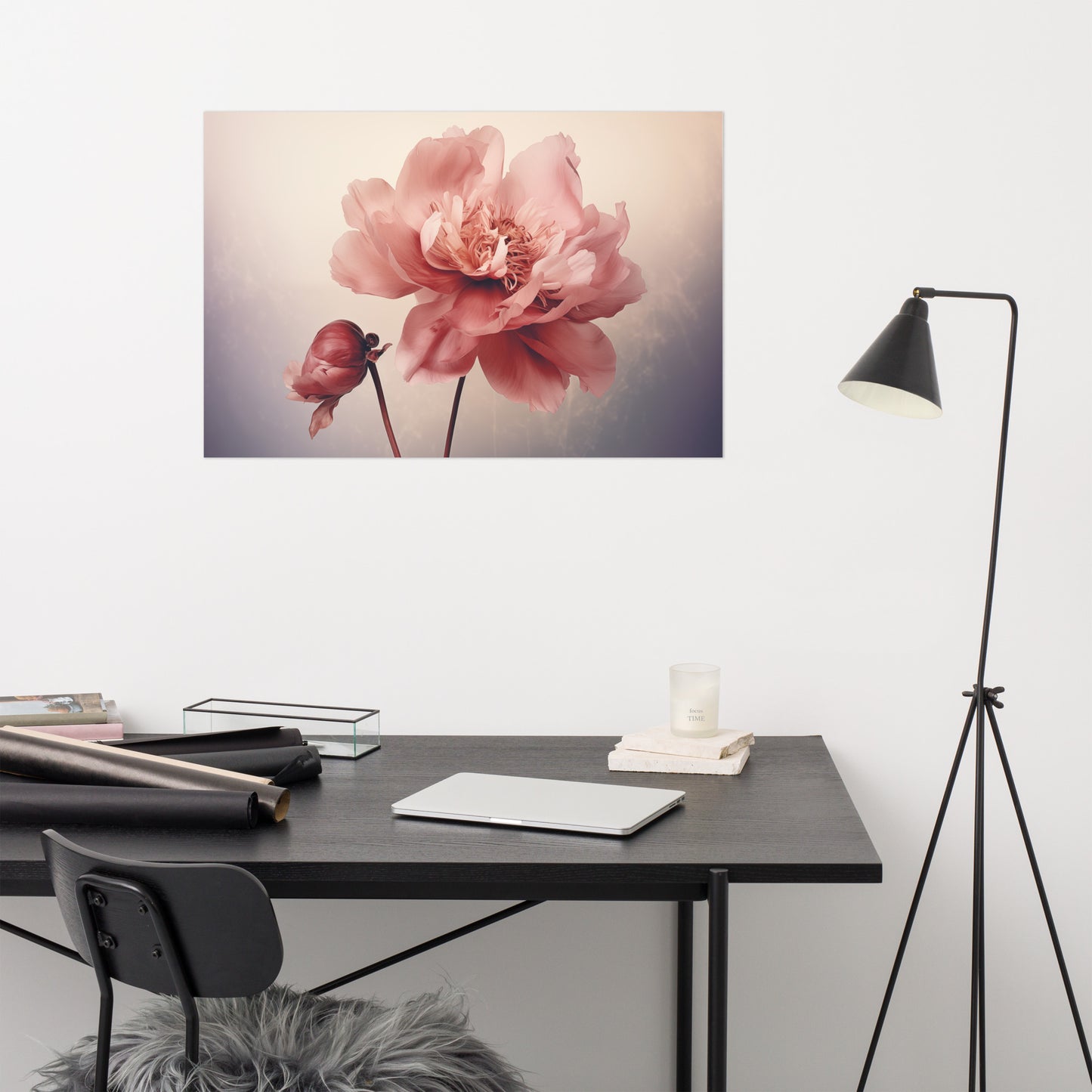 Quiet Blooms Peony Retro Subdued Photorealism - Digital Artwork Loose Art Print