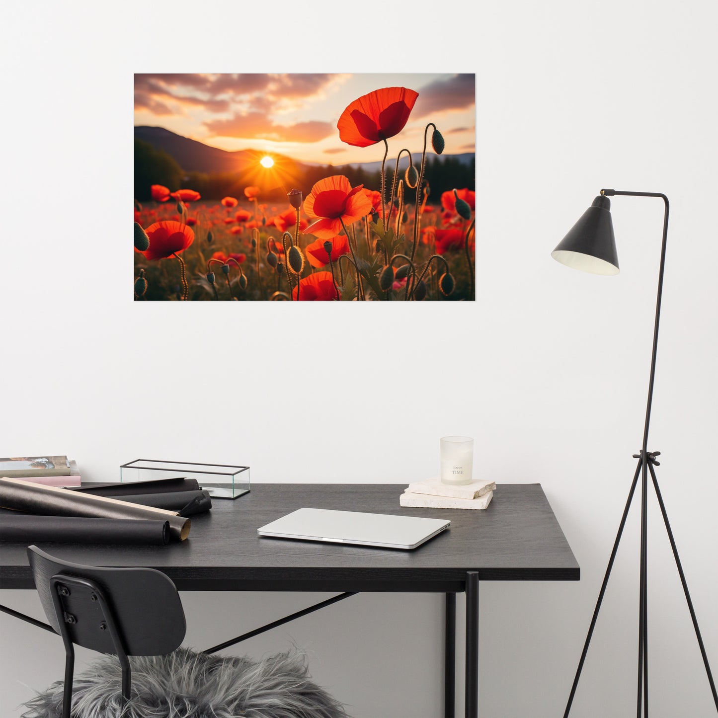 Scarlet Serenade Poppy Field Sunset Photorealism - Digital Artwork Loose Art Print