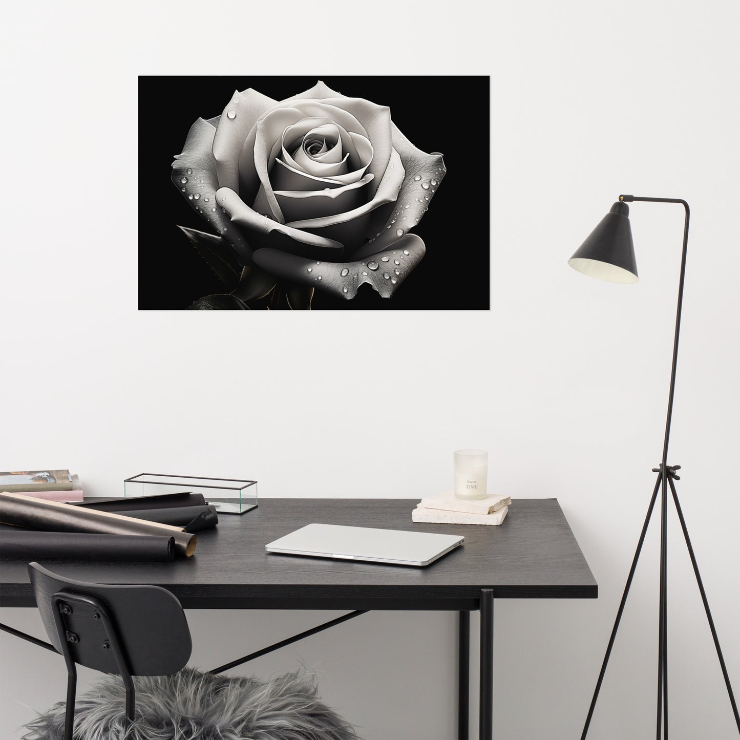 Silver Tears Black and White Rose Photorealism - Digital Artwork Loose Art Print