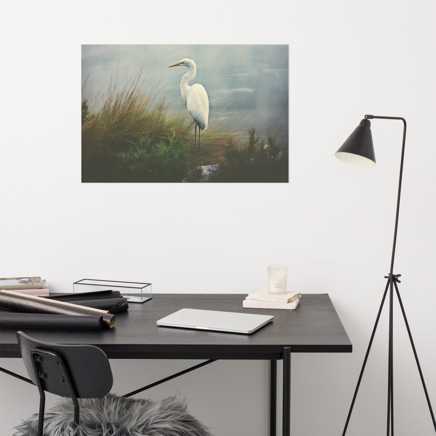 Solitary Sentinel Egret Retro Subdued Photorealism - Digital Artwork Loose Art Print