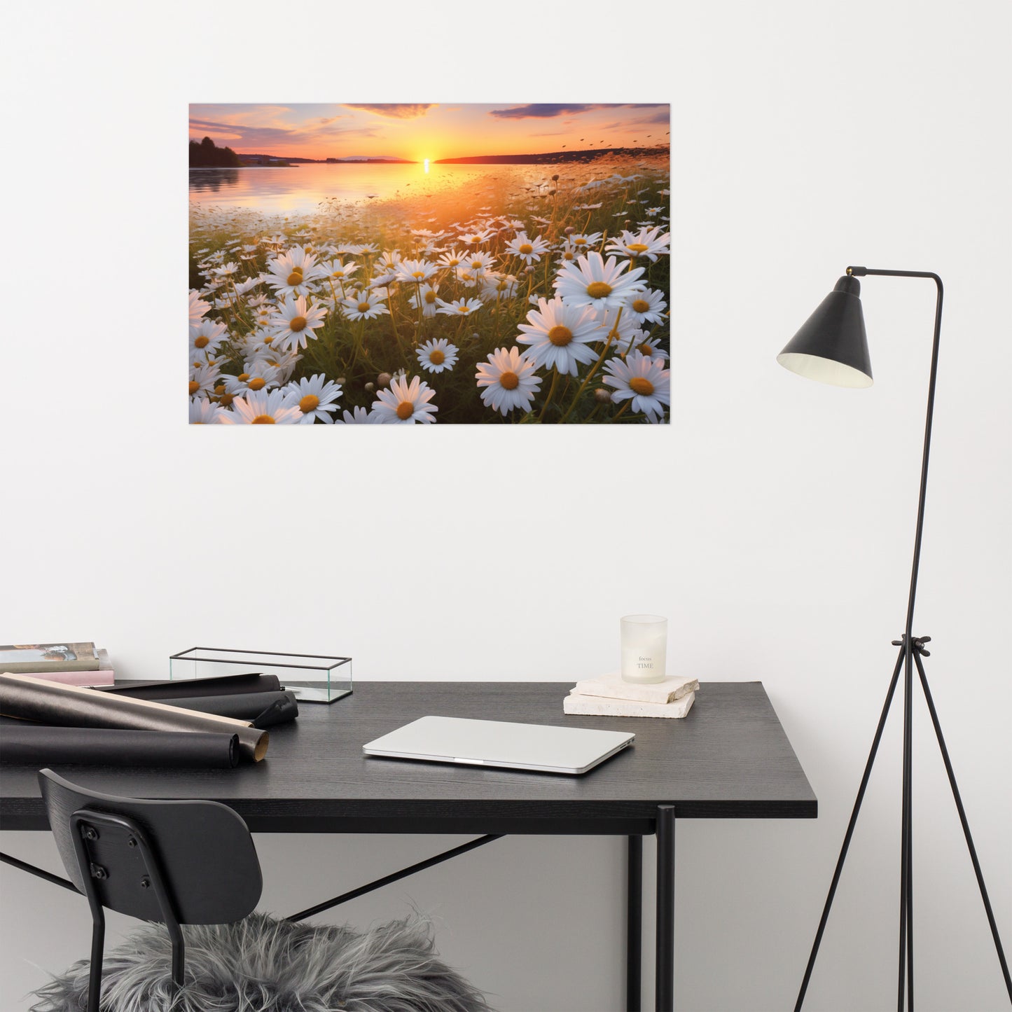 Sunset Serenade Daisy Field Photorealism - Digital Artwork Loose Art Print