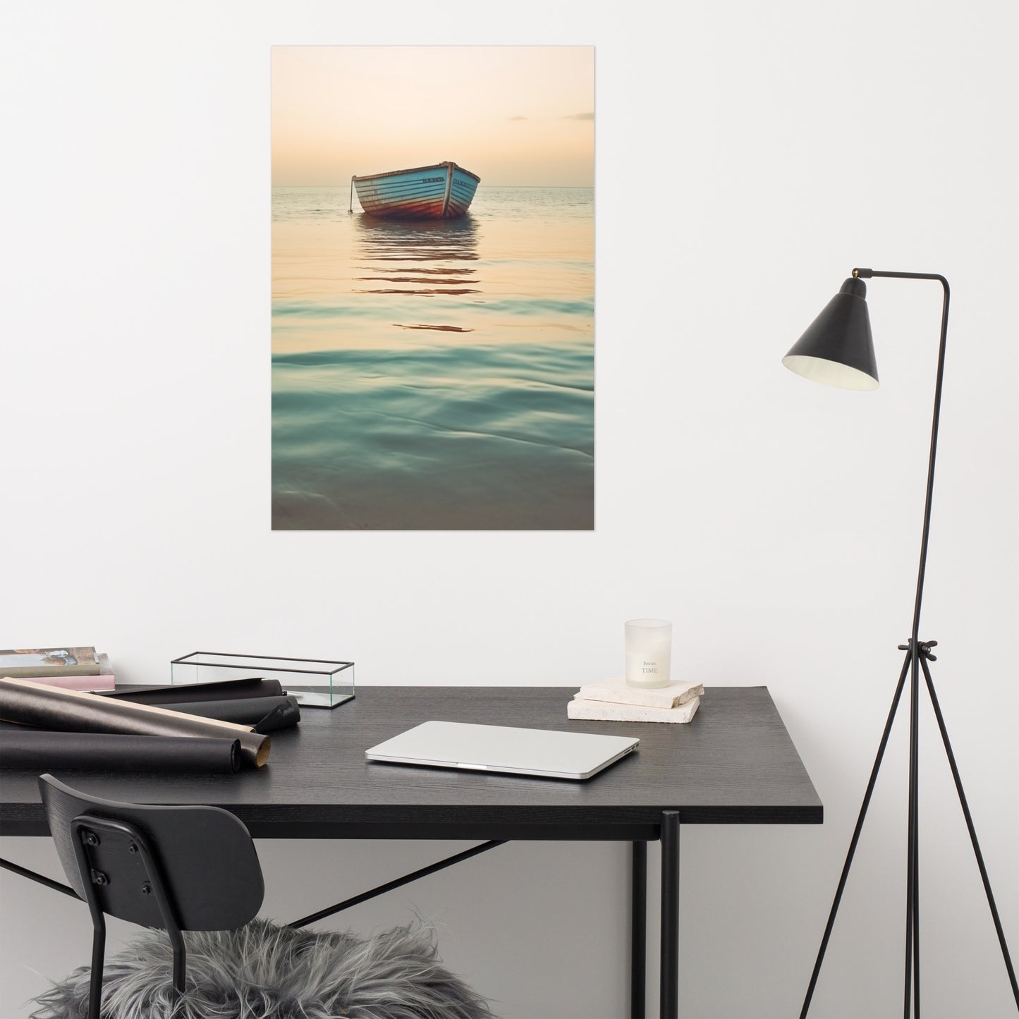 Sunset Silhouette Abandoned Weathered Boat Beach Subdued Photorealism - Digital Artwork Loose Art Print