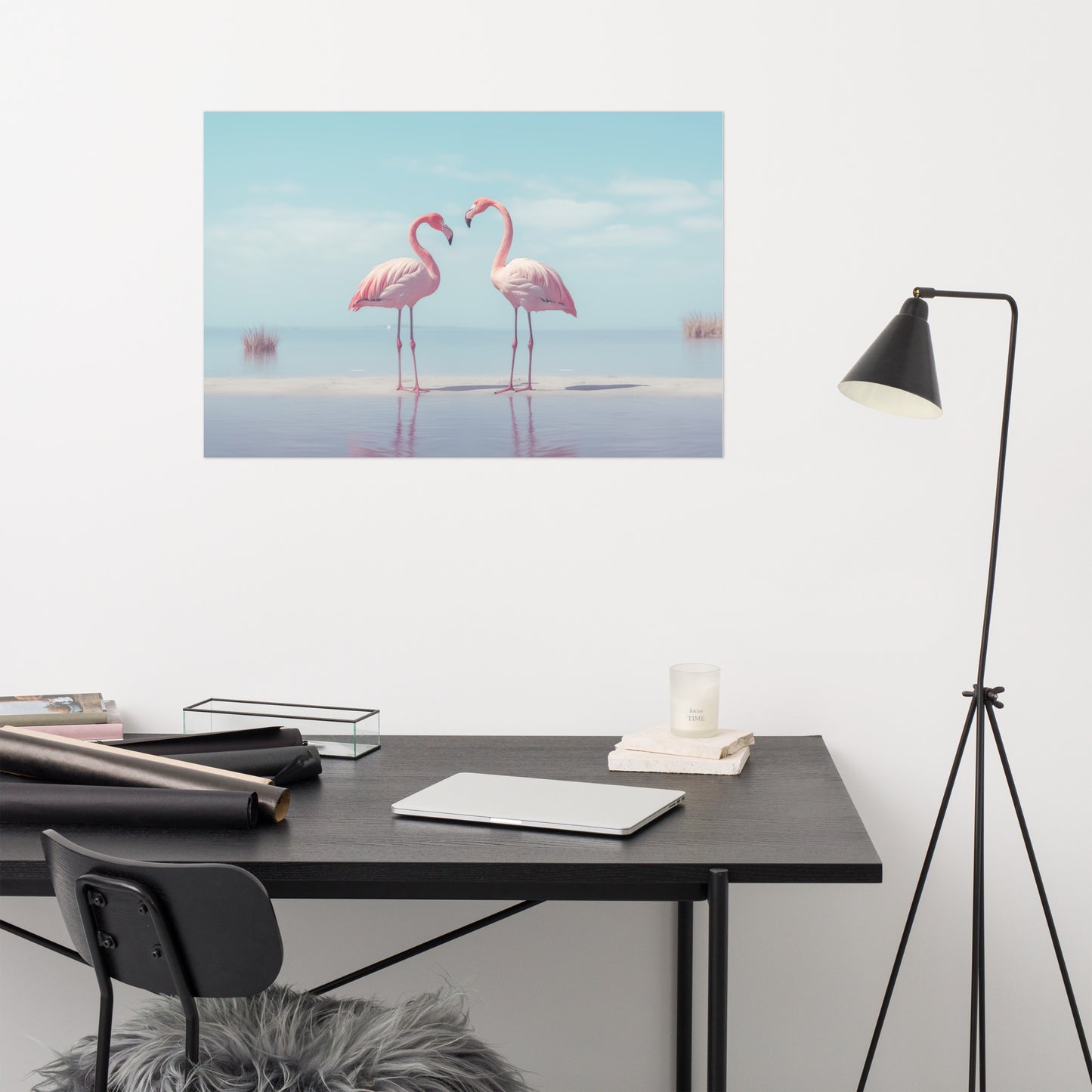 The Flamingo's Embrace Wildlife Photorealism - Digital Artwork Loose Art Print