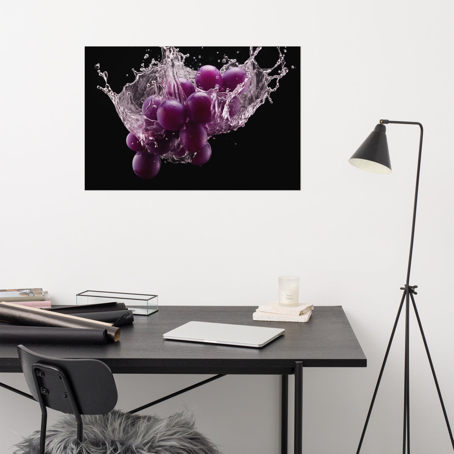 The Juicy Explosion Purple Grapes in Water Photorealism - Digital Artwork Loose Art Print