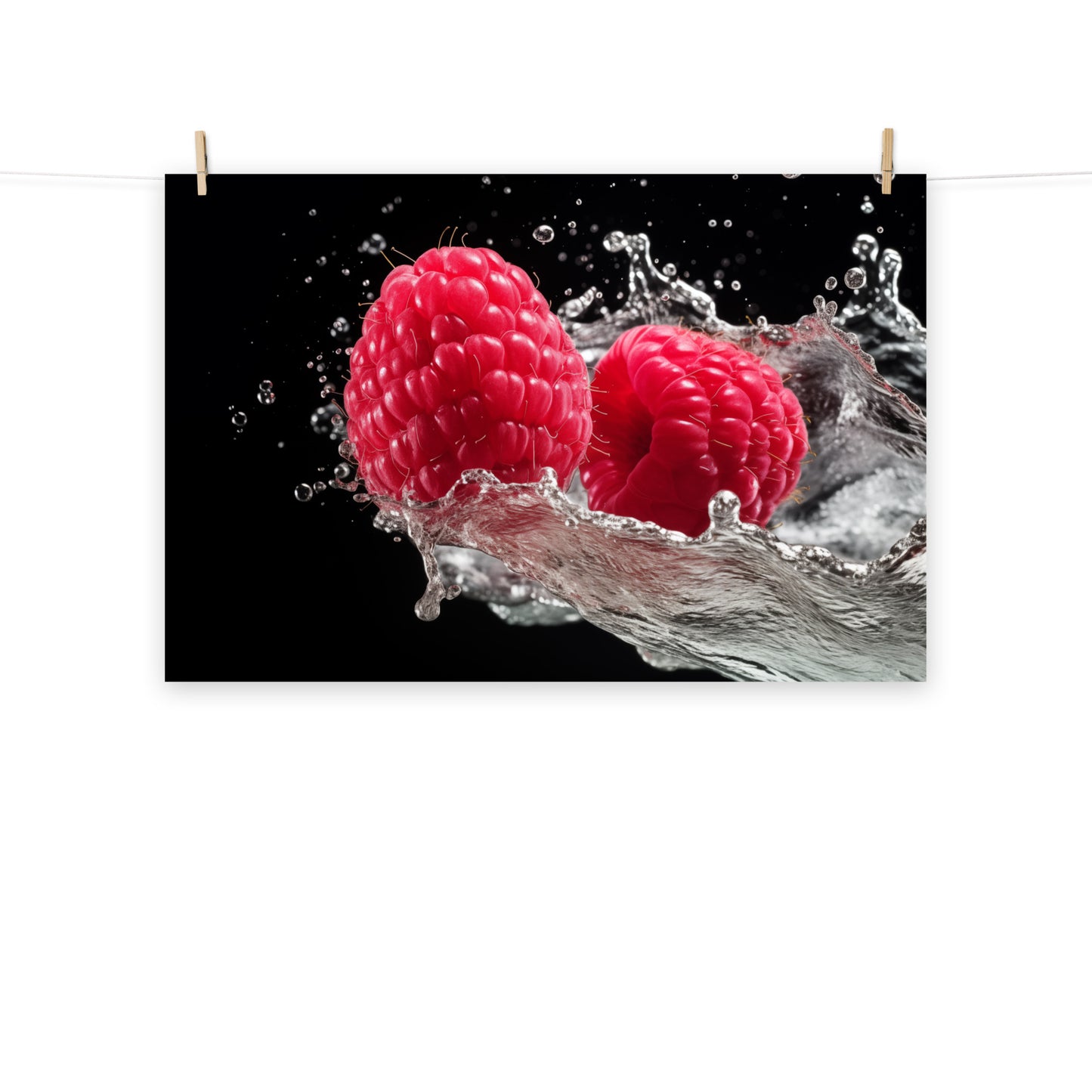 Burst of Freshness Raspberries in Water Photorealism Painting - Digital Artwork Loose Art Print