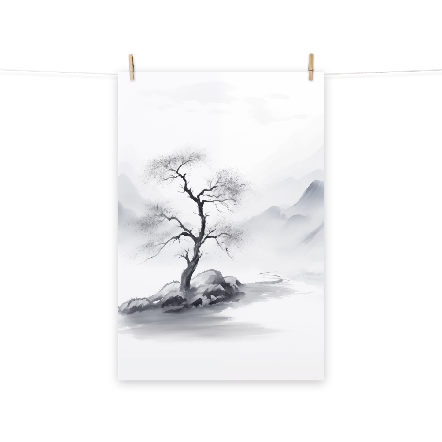 Tree Art: Cliffside Sentinel Ink Painting - Digital Artwork Loose Print