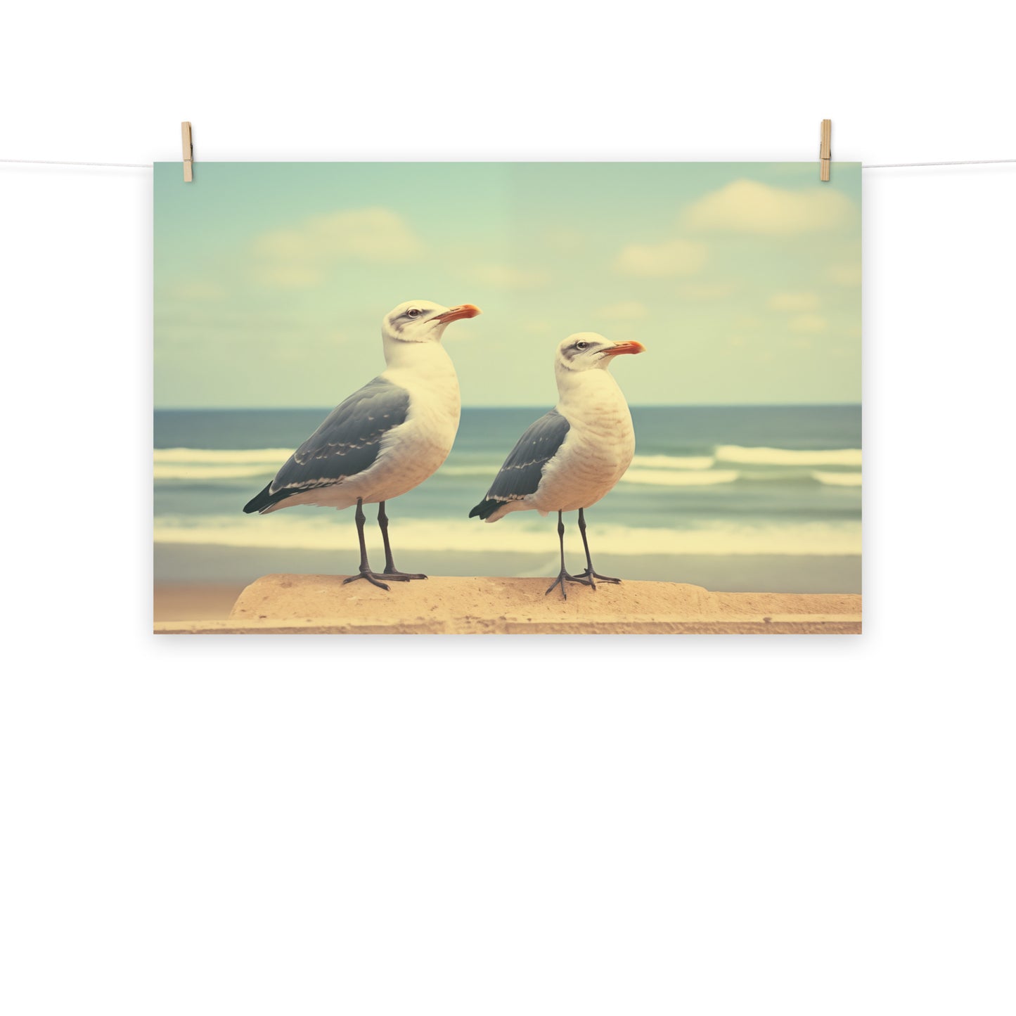 Bird Artwork Prints: Coastal Companions Vintage Retro Subdued Seagulls Photorealism - Digital Artwork Loose Art Print