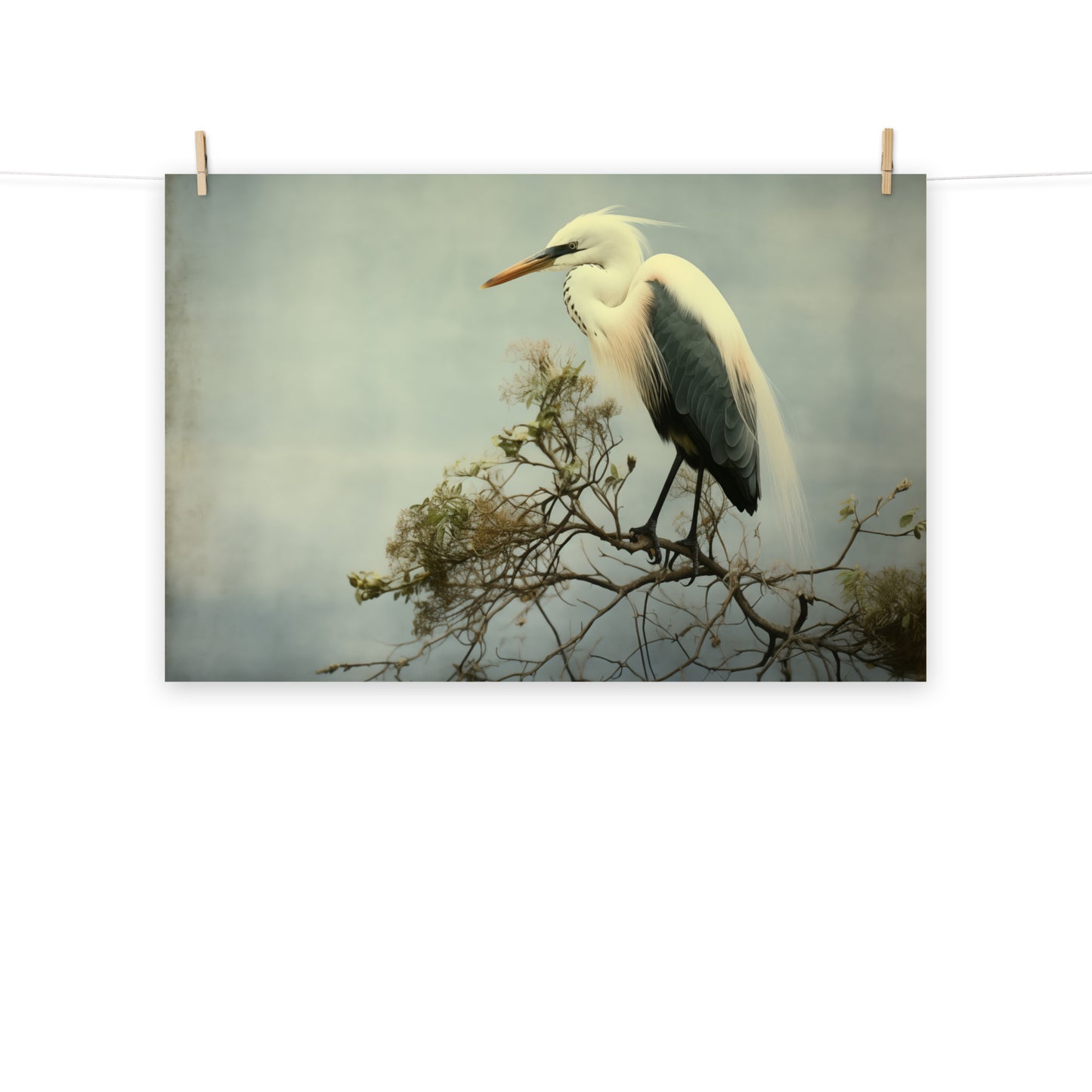 Heron Print: Coastal Solitude Egret Retro Subdued Photorealism - Digital Artwork Loose Art