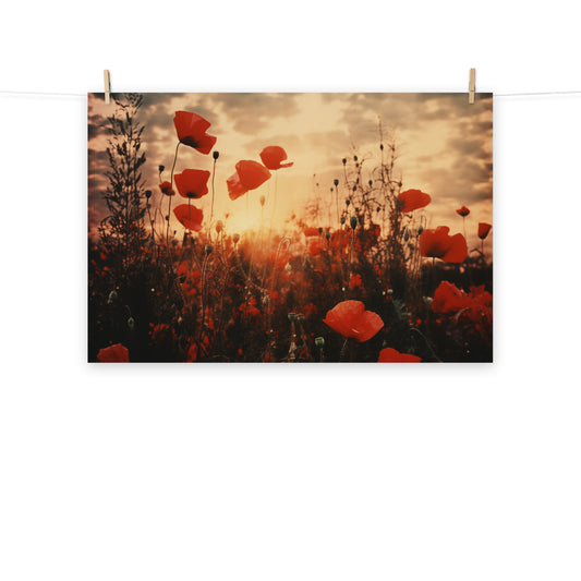 Prints of Flowers for Framing: Crimson Sunset Serenade Poppy Field Retro Subdued - Digital Artwork Loose Art Print