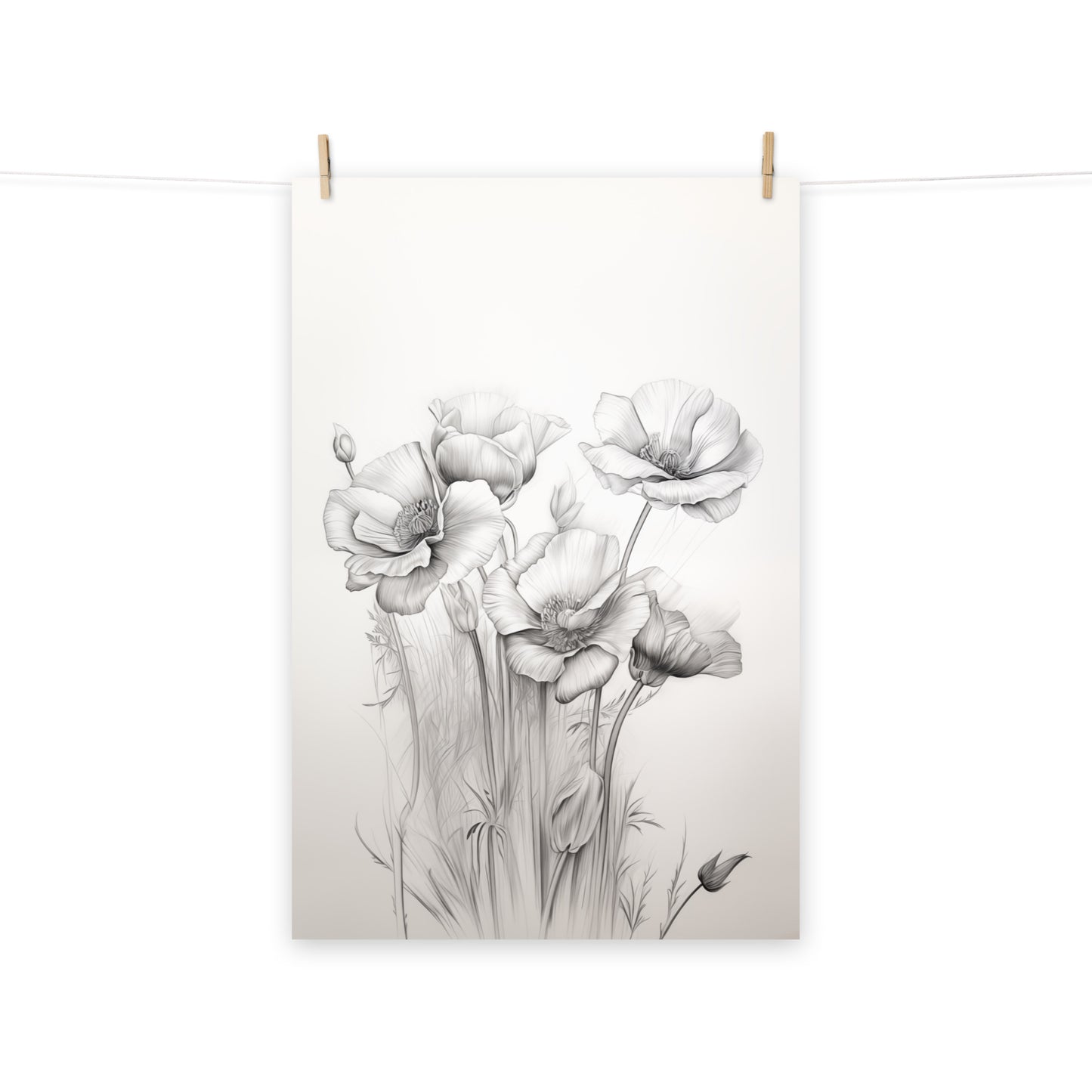 Floral Drawing: Delicate Poppies Charcoal Pencil Sketch Drawing - Digital Artwork Loose Art Print