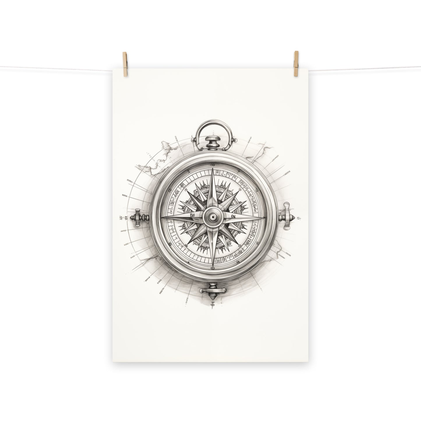 Nautical Compass Wall Art: "Compass Rose" Pencil Sketch Drawing - Digital Artwork Loose Print