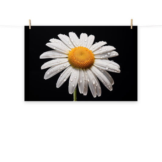 White Flower Black Background Painting: Dew-kissed Daisy Floral Photorealism - Digital Artwork Loose Art Print