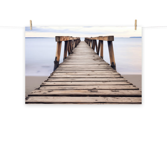 Beach and Coastal Wall Art: Echoes of the Sea Abandoned Weathered Pier Beach Subdued Photorealism - Digital Artwork Loose Art Print