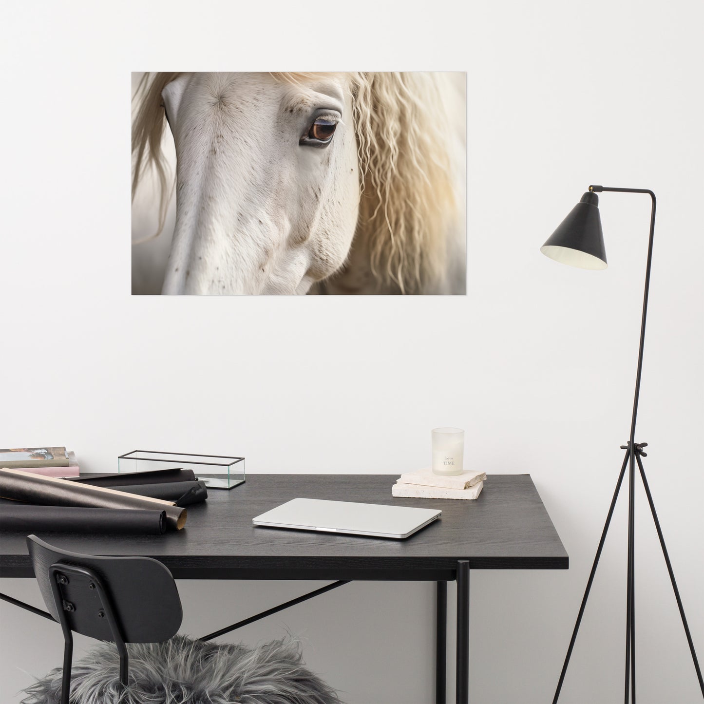 The Silent Strength White Horse Photorealism - Digital Artwork Loose Art Print