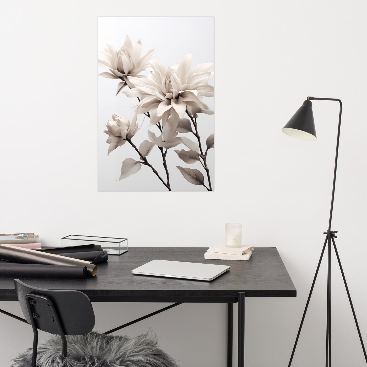 Timeless Bloom Realism Painting Gray Floral Digital Artwork Loose Art Print