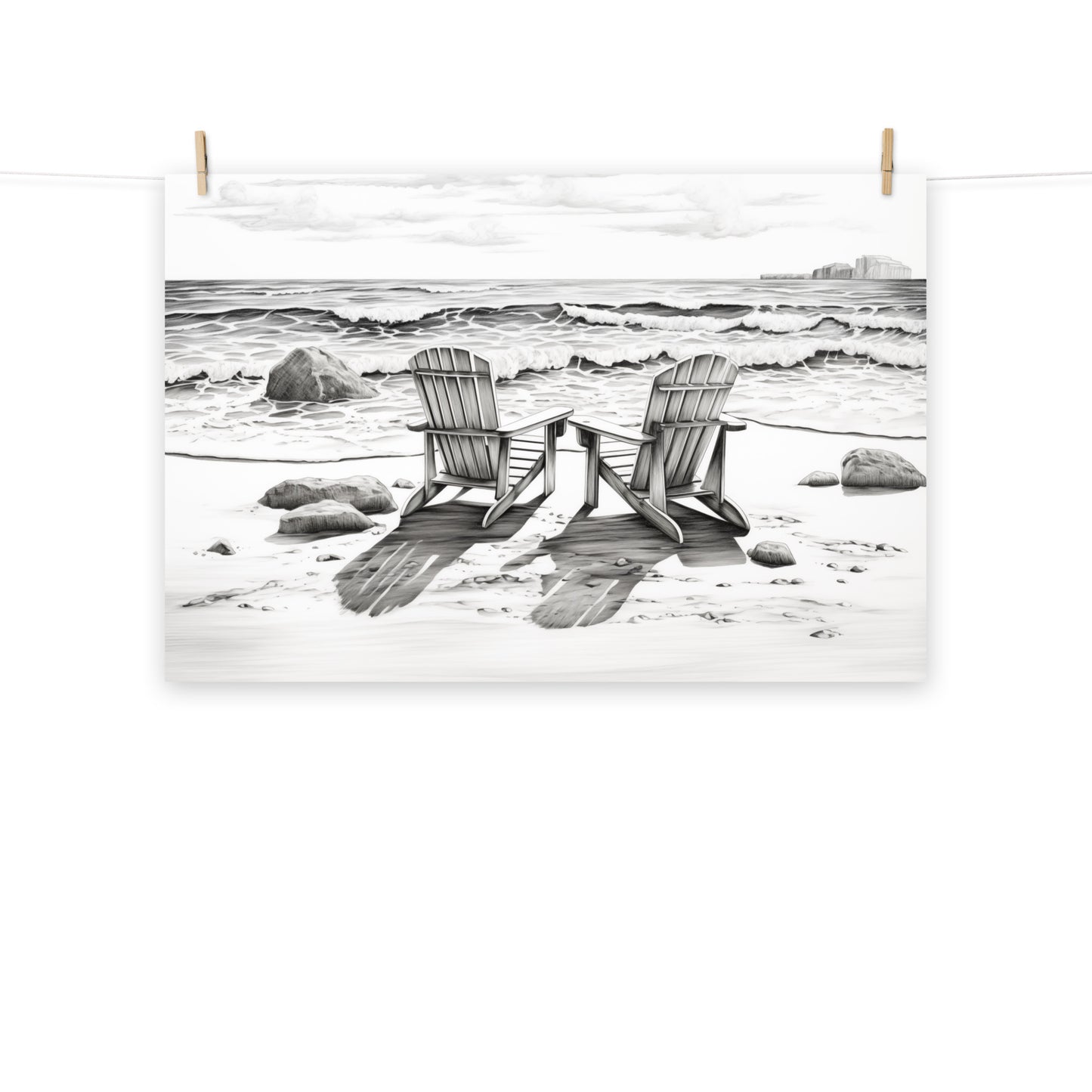 Beach Prints Black and White: Deserted Shores Charcoal Drawing - Digital Artwork Loose Art Print