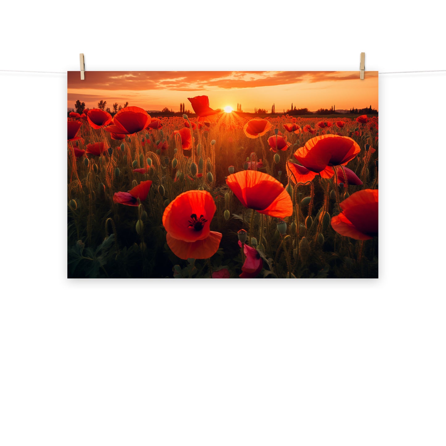 Field of Dreams Poppy Field Sunset Photorealism - Digital Artwork Loose Art Print