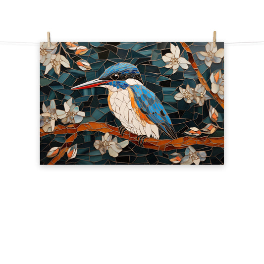 Kingfisher Among Blossoms Mosaic Illustration - Digital Artwork Loose Art Print