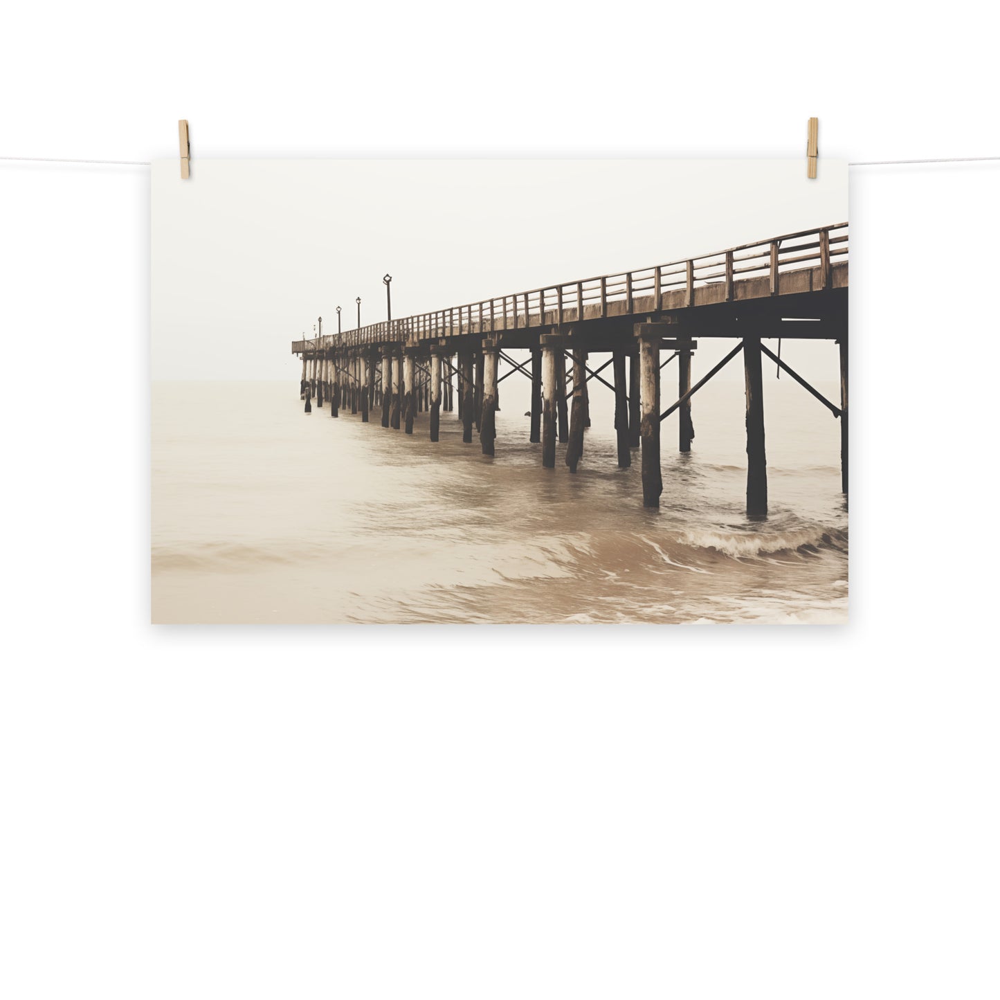 The Pier in the Fog Subdued Retro Coastal Photorealism - Digital Artwork Loose Art Print