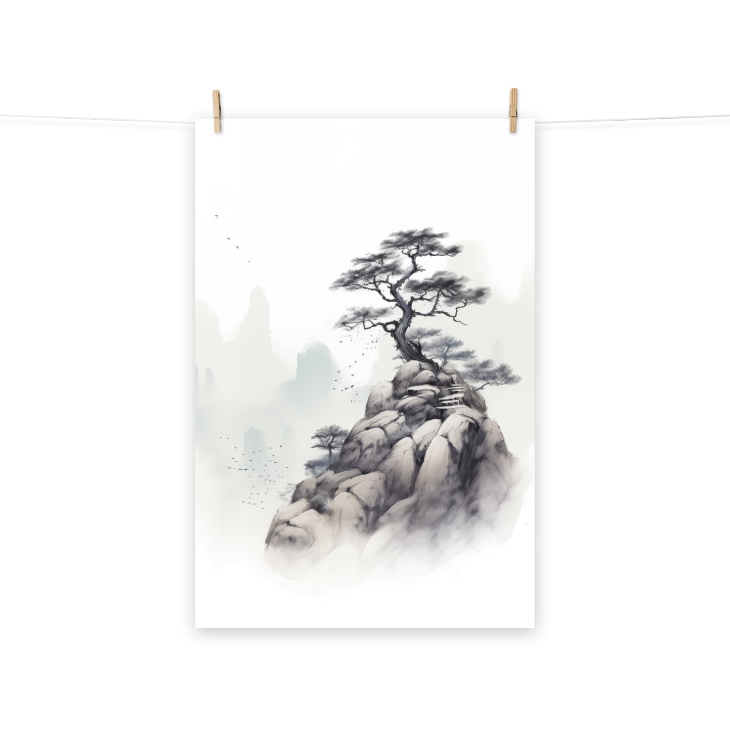 Mountain's Embrace Ink Illustration - Digital Artwork Loose Art Print