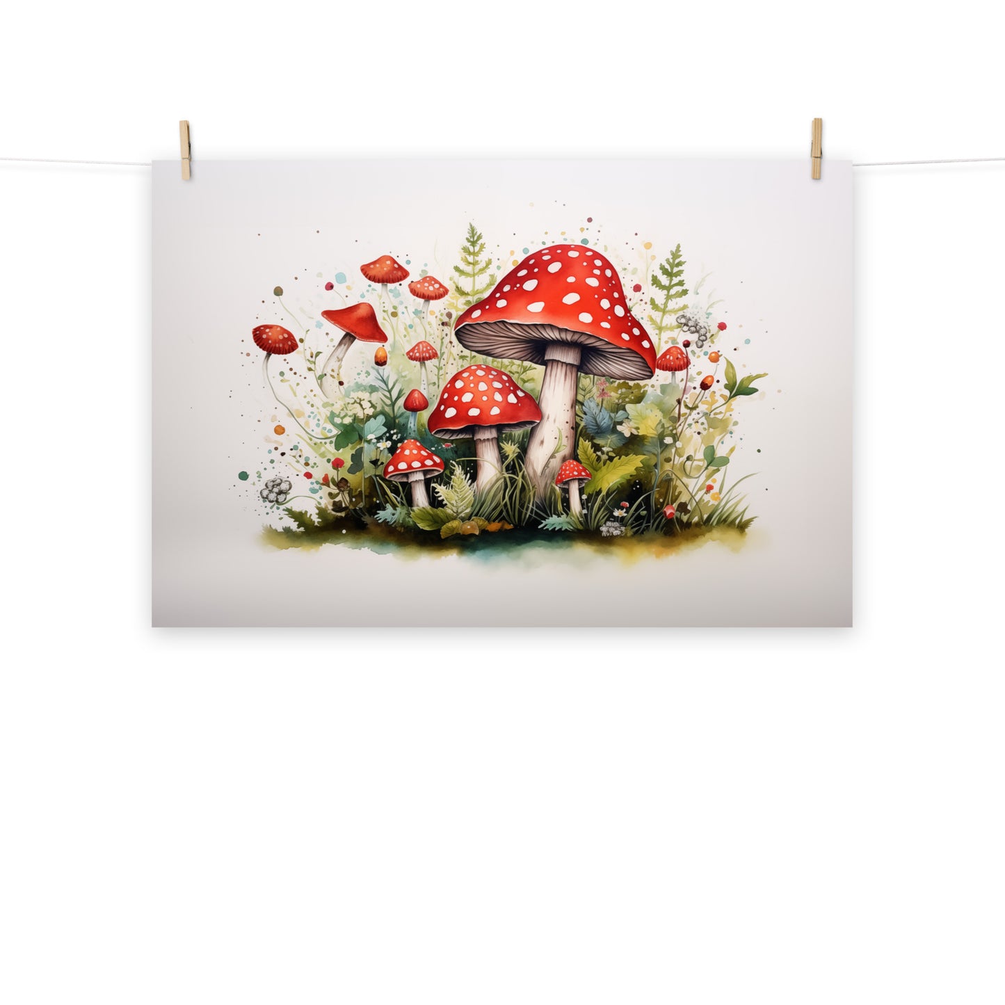 Mushroom Meadow Magic Watercolor Painting - Digital Artwork Loose Art Print