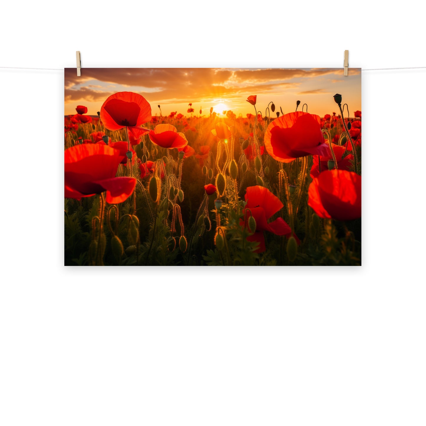 Nature's Crimson Canvas Poppy Field Sunset Photorealism - Digital Artwork Loose Art Print