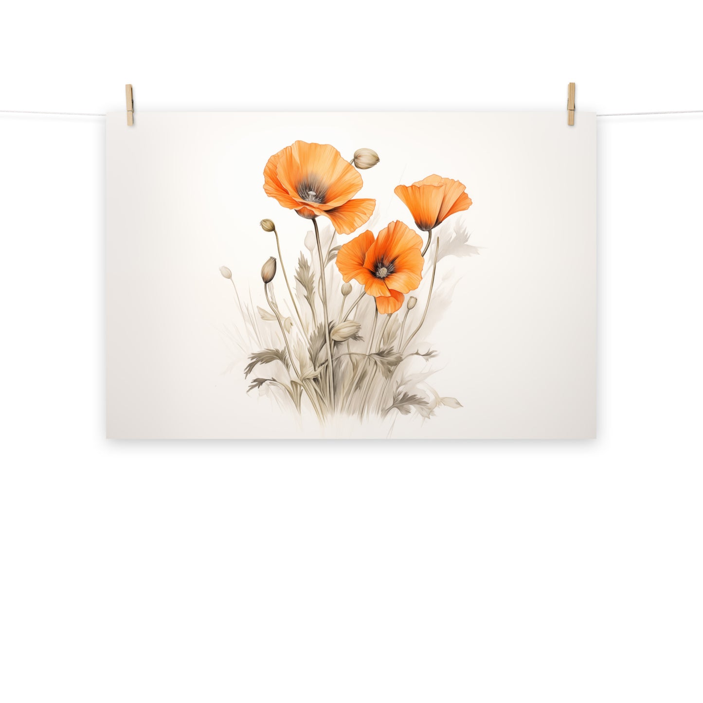 Orange Poppies Pencil Sketch - Digital Artwork Loose Art Print